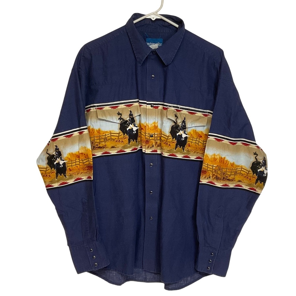 Vtg WRANGLER men's Western pearl snap button cowboy retro 90s Rodeo bullrider XL
